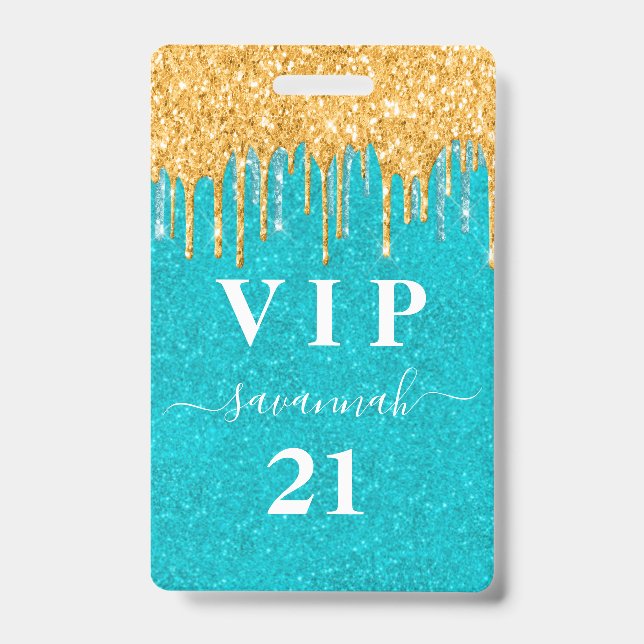 Birthday teal gold glitter drips vip invitation ID badge (Front)