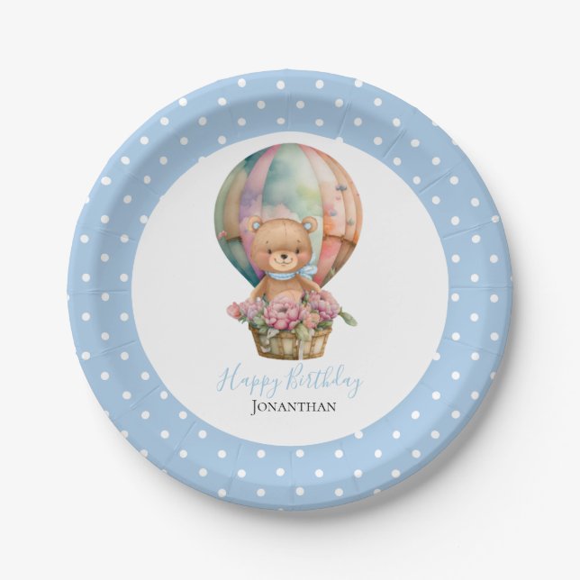 Birthday Teddy Bear Balloon Poke Dots  Paper Plate (Front)