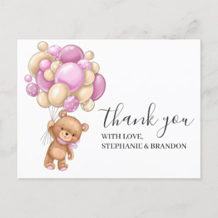 Birthday Teddy Bear PINK Balloons Thank You  Card