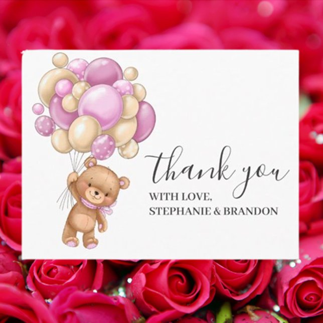 Birthday Teddy Bear PINK Balloons Thank You  Card (Express your heartfelt gratitude with our Birthday Teddy Bear PINK Balloons Thank You Card)