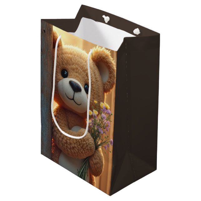 Birthday Teddy Bear With a Wildflower Bouquet Medium Gift Bag (Front Angled)