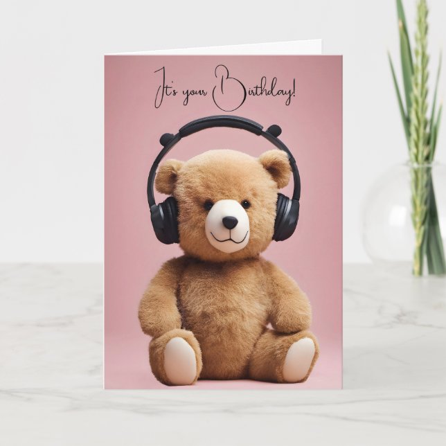 Birthday Teddy Bear With Headphones Card (Front)