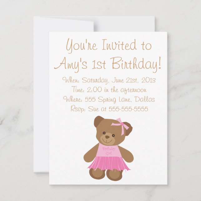 Birthday Teddy Bear With Pink Tutu Invitation (Front)