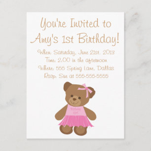 Birthday Teddy Bear With Pink Tutu Invitation