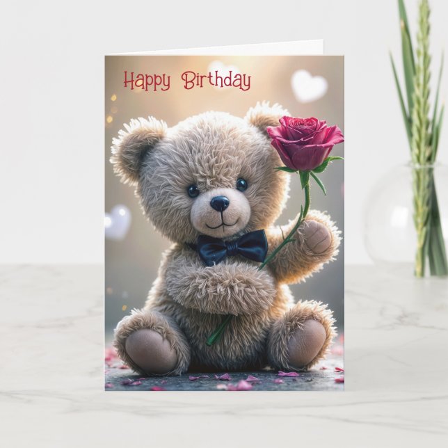 Birthday Teddy Bear With Red Rose Card (Front)