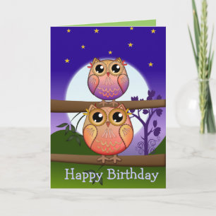 Birthday text card with Cute full Moon Owls