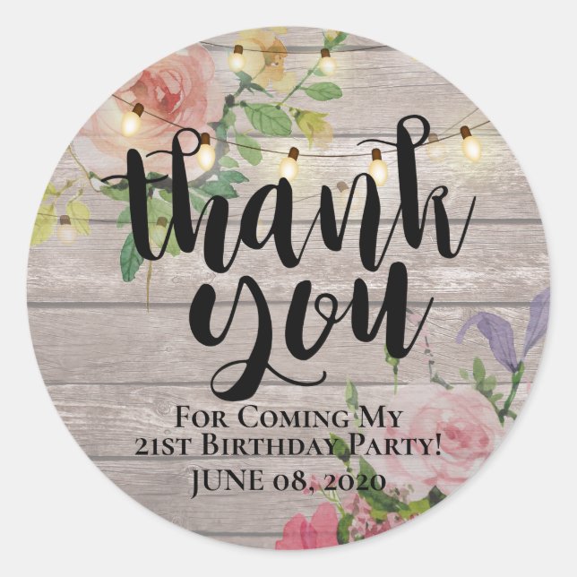 Birthday Thank You Flower Rustic Wood String Light Classic Round Sticker (Front)