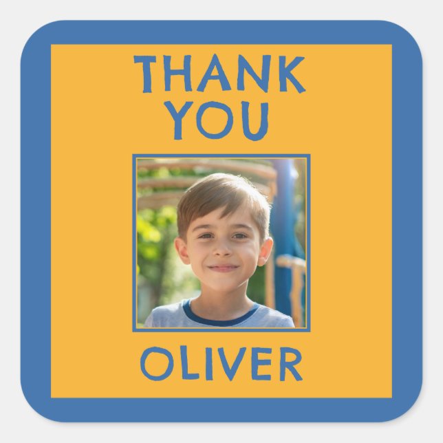 Birthday Thank you Kids Name & Photo  Square Sticker (Front)