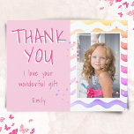 Birthday Thank you Kids Photo Postcard Pink Girl<br><div class="desc">Personalizable birthday thank you postcard for girls with photo and text I love your wonderful gift. Cute pink birthday thank you card for your friends and family. Upload your photo and personalise the postcard with your name and text. The postcard has colourful stars and waves. The back side is pink....</div>