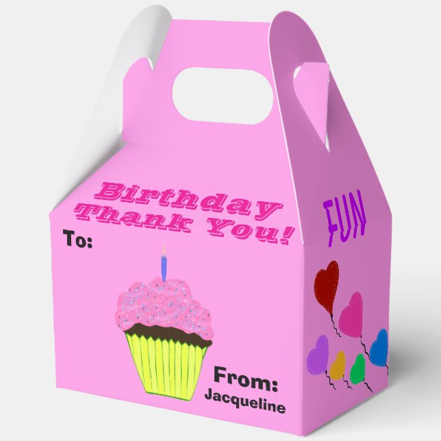 Birthday Thank You Pink Cupcake Hearts Balloons Favour Box (Back)