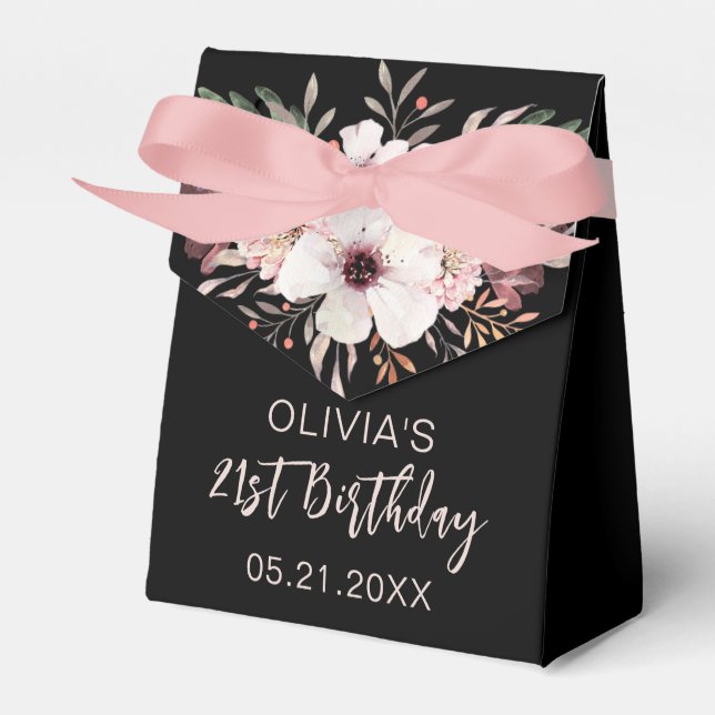 Birthday Thank You Pink Floral Black Favour Boxes (Front Side)