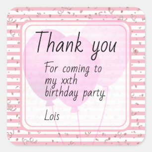 Birthday Thank You - Pink/White Stripes Balloons Square Sticker