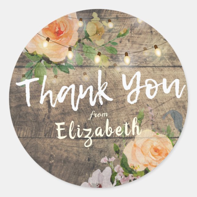 Birthday Thank You Rustic Wood Flower String Light Classic Round Sticker (Front)