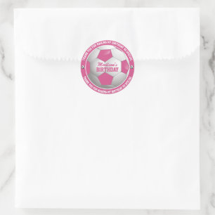 Birthday Thank You Soccer Ball Pink and White Classic Round Sticker