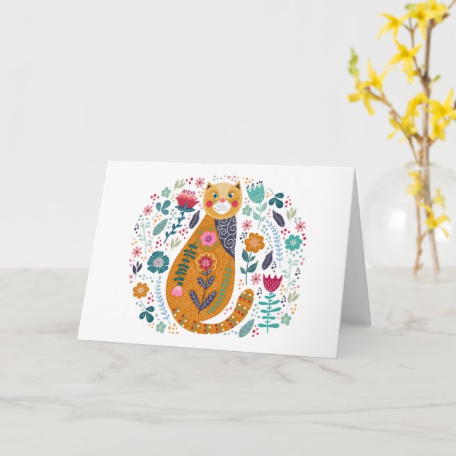 Birthday Thinking of You Hello Cat Folk Art Card (Yellow Flower)