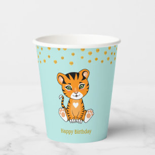 Birthday Tiger Cartoon & Gold Confetti Party Paper Cups