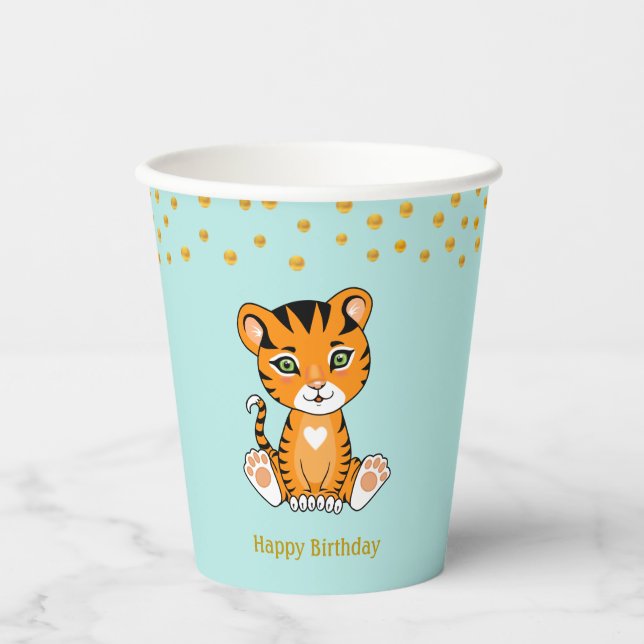 Birthday Tiger Cartoon & Gold Confetti Party Paper Cups (Front)