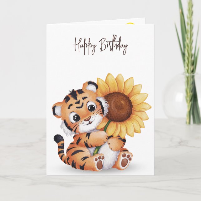 Birthday Tiger Holding a Sunflower Card (Front)