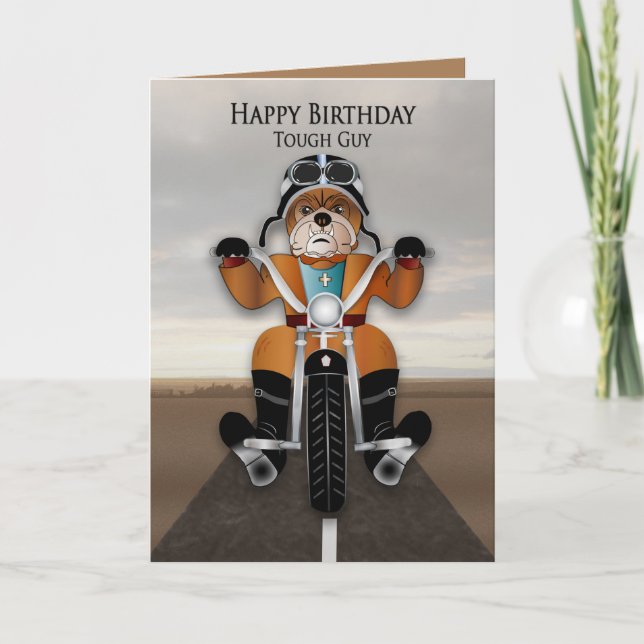 Birthday Tough Guy Bulldog Riding Motorcycle Card (Front)