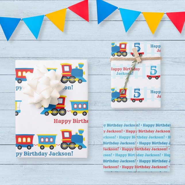 Birthday Train Wrapping Paper Sheet (Customizable train wrapping paper with a cute train in primary colors)