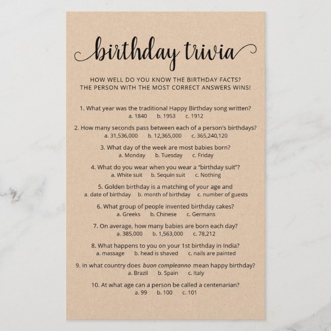 Birthday Trivia Game with Answers Birthday party (Front)