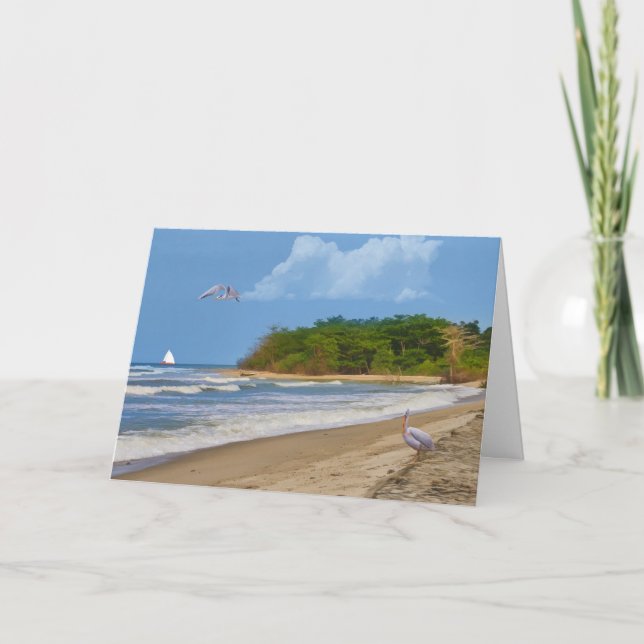 Birthday, Tropical Beach, Birds Card (Front)