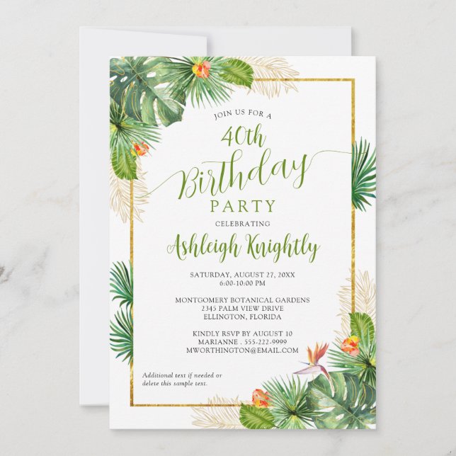 Birthday Tropical Palm Botanical Floral Green Gold Invitation (Front)