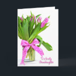 Birthday Tulips for Granddaughter Card<br><div class="desc">Bright pink tulips in vase with polka dot bow for Granddaughter.</div>