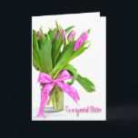 Birthday Tulips for Sister Card<br><div class="desc">Bright pink tulips in vase with polka dot bow for Sister.</div>