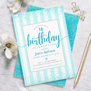 Birthday turquoise glitter dots script custom year invitation