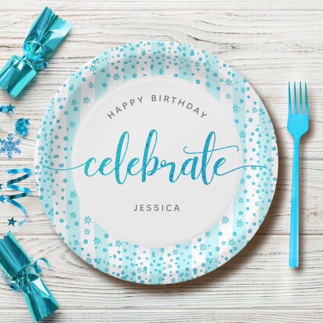 Birthday turquoise glitter modern script name chic paper plate (Creator Uploaded)
