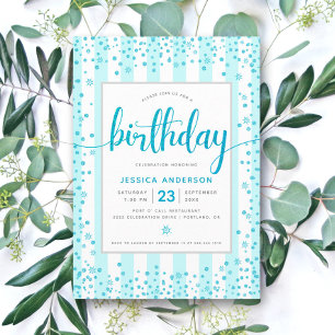Birthday turquoise modern glitter script stripes invitation