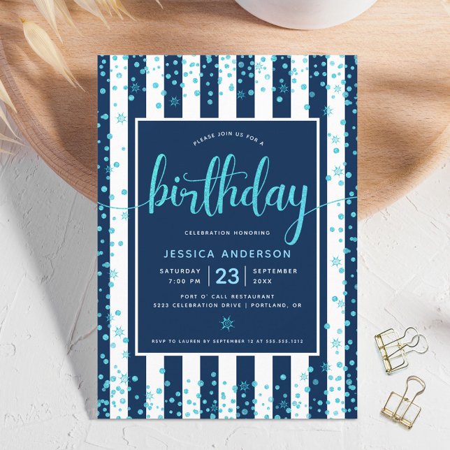 Birthday turquoise script glitter dots navy white invitation (Creator Uploaded)