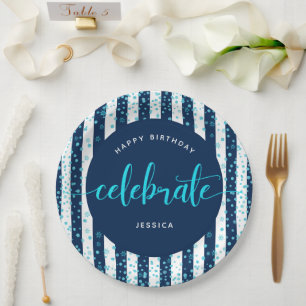 Birthday turquoise script glitter dots, navy white paper plate