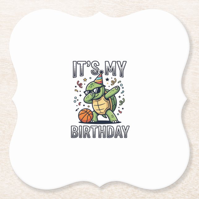 Birthday Turtle Basketball Party Vector Design_1 Paper Coaster (Front)