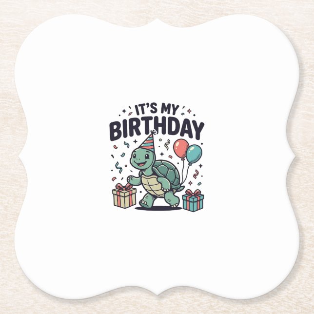 Birthday Turtle Party Vector Design_1 Paper Coaster (Front)