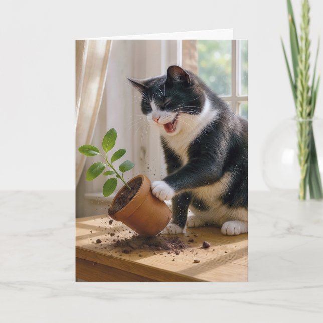 Birthday Tuxedo Cat Knocking Over a Plant Card (Front)