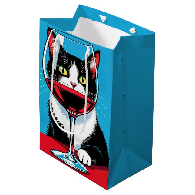 Birthday Tuxedo Cat Looking Through a Wine Glass Medium Gift Bag (Front Angled)
