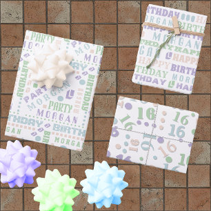 Birthday Typography Pastel Any Age Add Kids Name Wrapping Paper Sheet