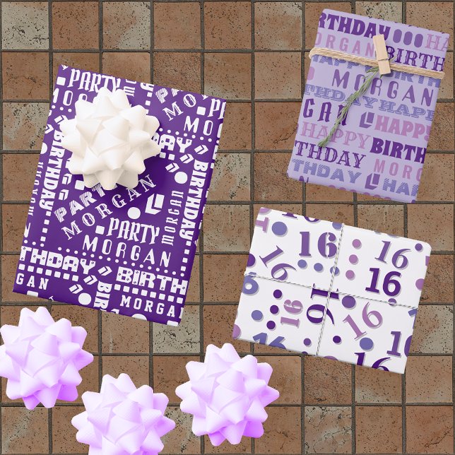 Birthday Typography Purple Any Age Add Kids Name Wrapping Paper Sheet (Creator Uploaded)