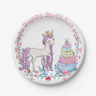 Birthday Unicorn Colourful Watercolor Flowers Paper Plate