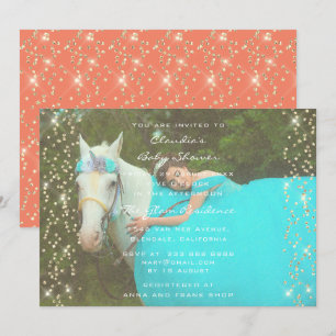 Birthday Unicorn Party Photo Gold Confetti Coral Invitation