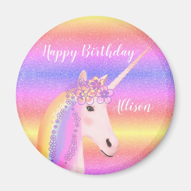 Birthday Unicorn Pastel Rainbow Glitter Name Magnet (Front)