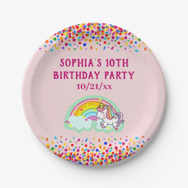 Birthday Unicorn Rainbow Confetti Pink Paper Plate (Front)