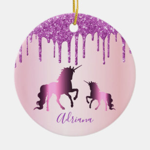Birthday unicorns rose gold purple glitter drips ceramic tree decoration