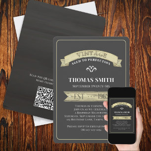 Birthday Vintage Gold Banner Simple Sign QR Code Invitation