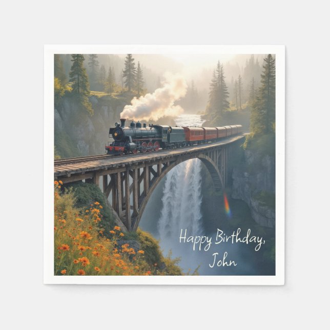 Birthday Vintage Steam Locomotive On a Trestle Napkin (Front)