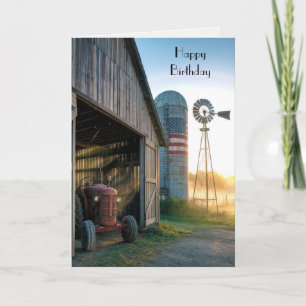 Birthday Vintage Tractor with Windmill and Silo Card
