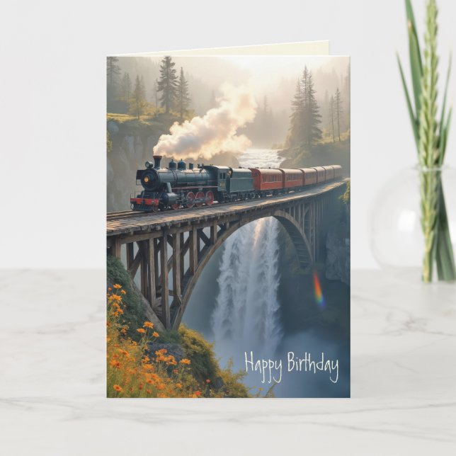 Birthday Vintage Train On a Mountain Trestle Card (Front)
