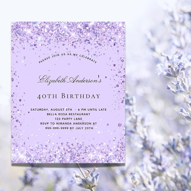 Birthday violet lavender glitter dust script invitation postcard (Creator Uploaded)